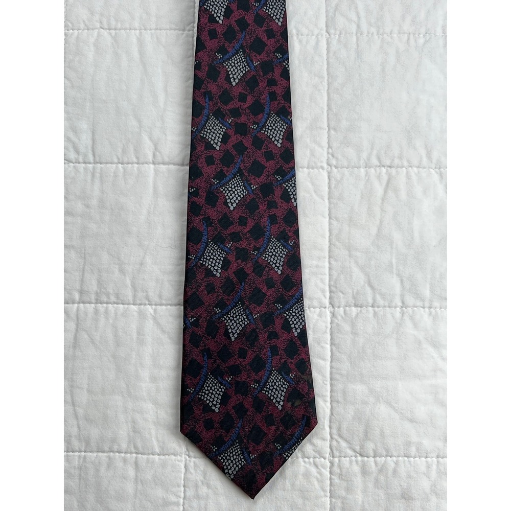 VTG Don Loper Beverly Hills Mens Silk Tie Burgundy Blk Geometric Pattern MadeUSA